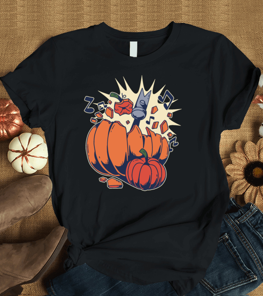 Hammer Smashing Pumpkin with Music Notes T-Shirt