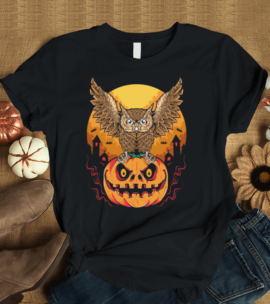 Happy Halloween New Owl on Pumpkin with Haunted Houses and Full Moon T-Shirt