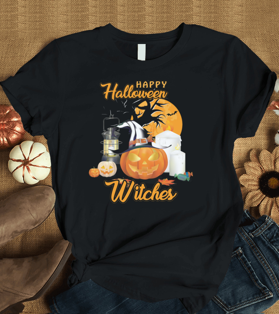 Happy Halloween Witches Pumpkin Lanterns Candles and Full Moon T-Shirt