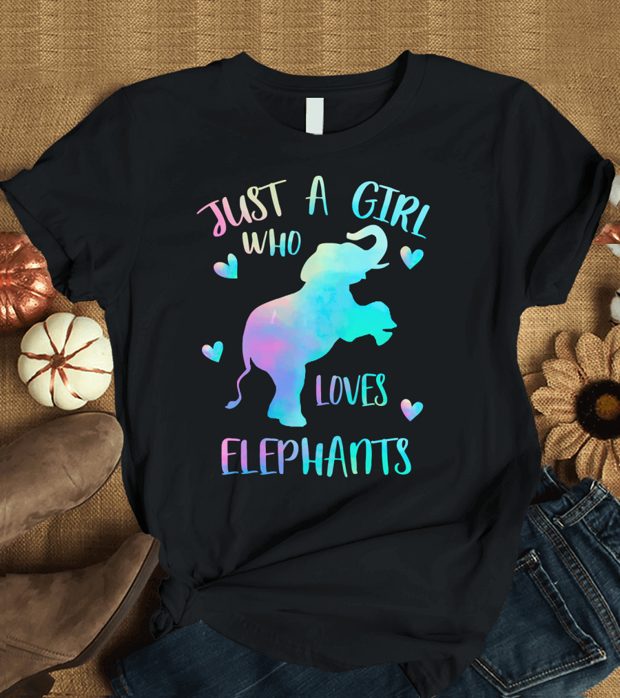Just A Girl Who Loves Elephants Colorful Watercolor Hearts T-Shirt