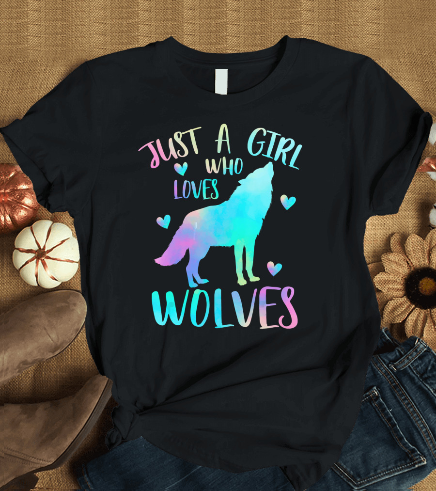Just A Girl Who Loves Wolves Watercolor Hearts Wolf T-Shirt