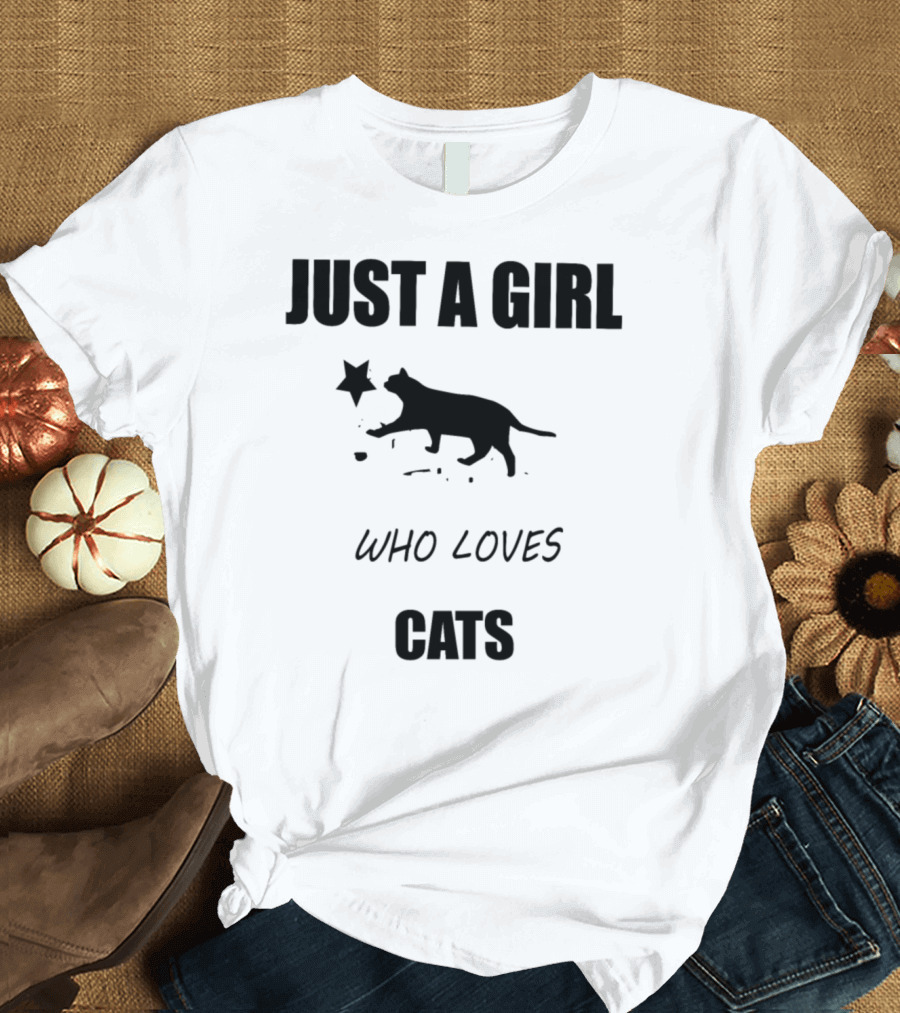 JUST A GIRL WHO LOVES CATS Cat Silhouette Starburst T-Shirt