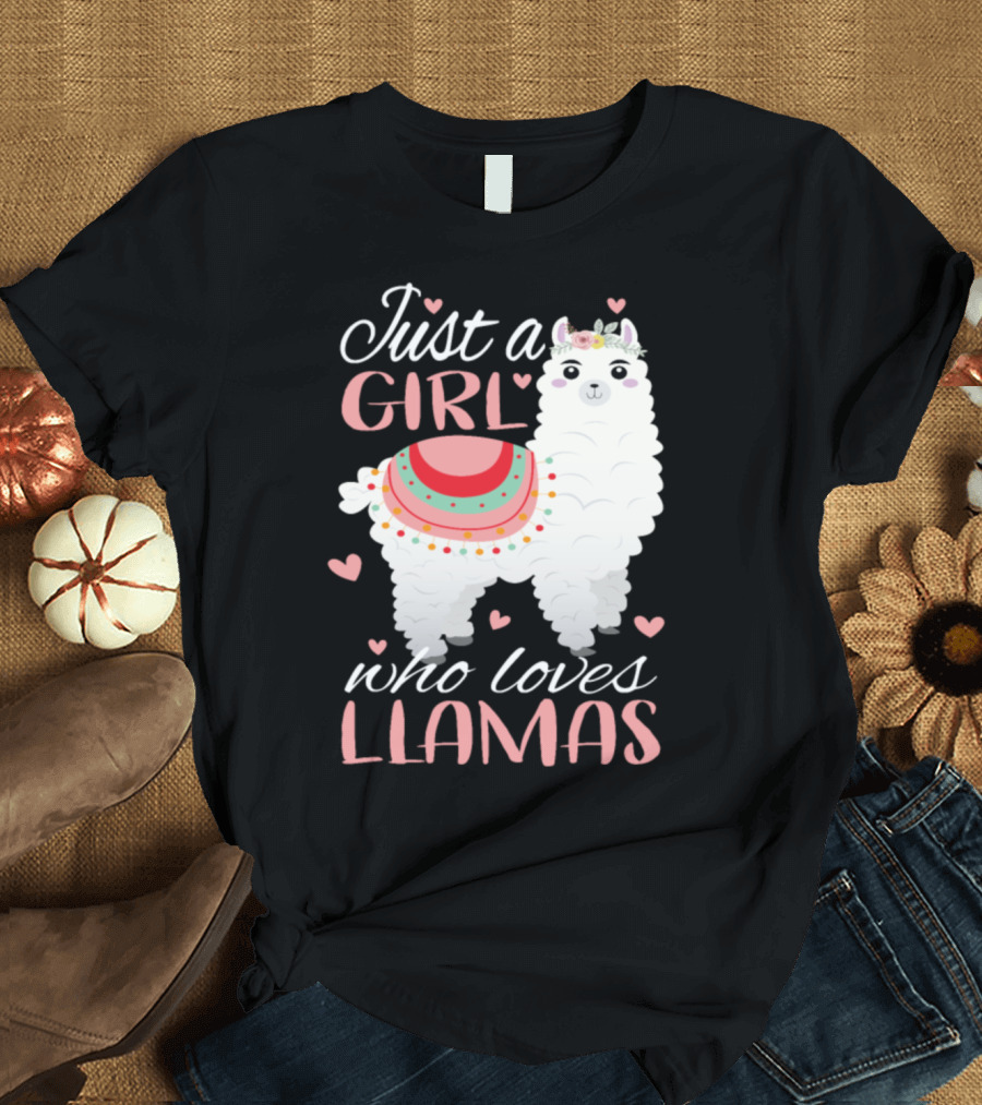 Just a Girl Who Loves Llamas with Cute Heart Accents and Colorful Blanket T-Shirt