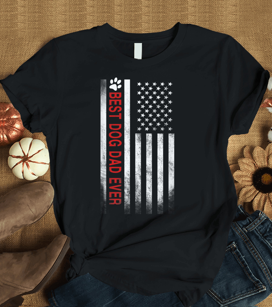 Best Dog Dad Ever American Flag Paw Print Patriotic T-Shirt