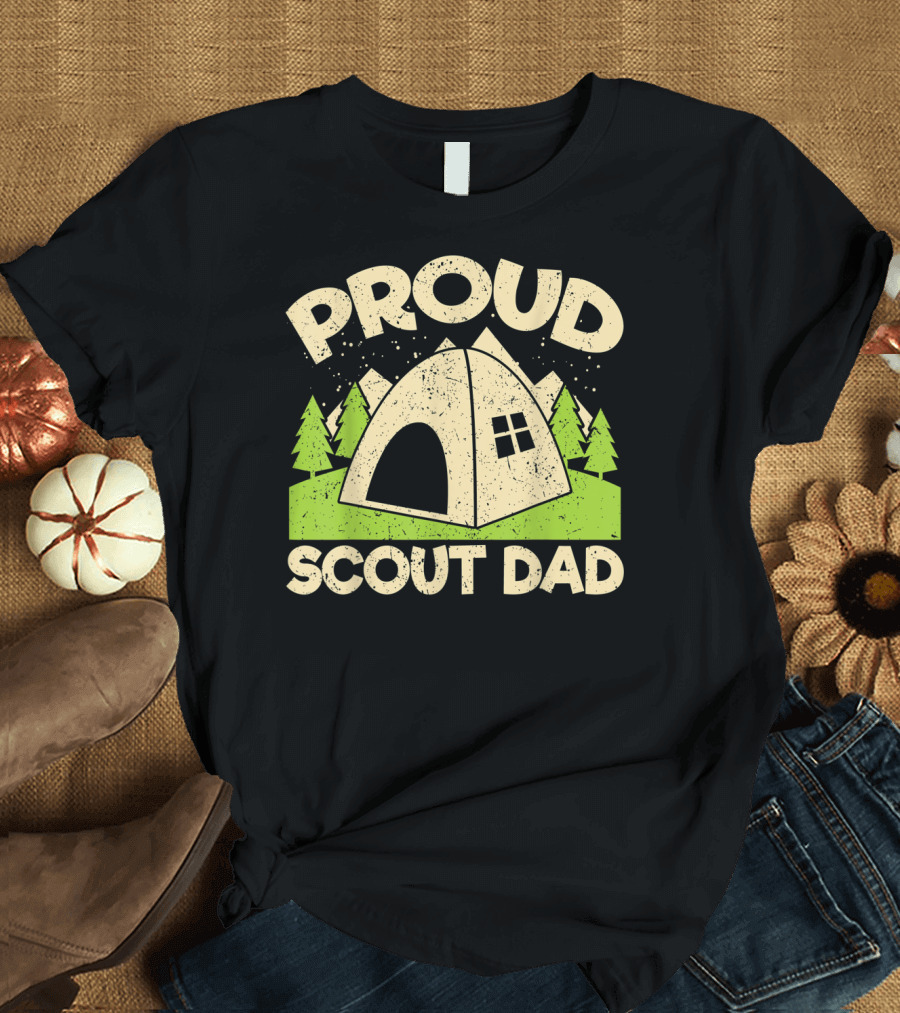 Proud Scout Dad Parent Father of Boy Girl Club Camping Tent Mountain Forest Scene T-Shirt