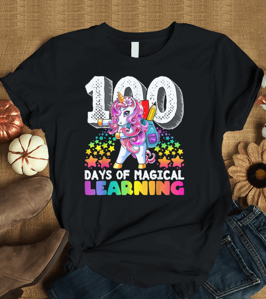 100 Days of Magical Learning Flossing Unicorn with Colorful Stars and Backpack T-Shirt