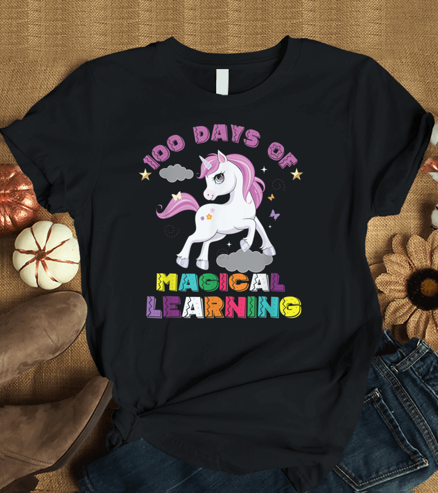 100 Days of Magical Learning Unicorn with Stars and Clouds T-Shirt