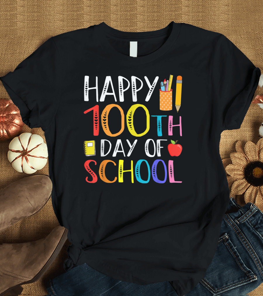 Happy 100th Day of School Colorful Pencil Notebook Apple T-Shirt
