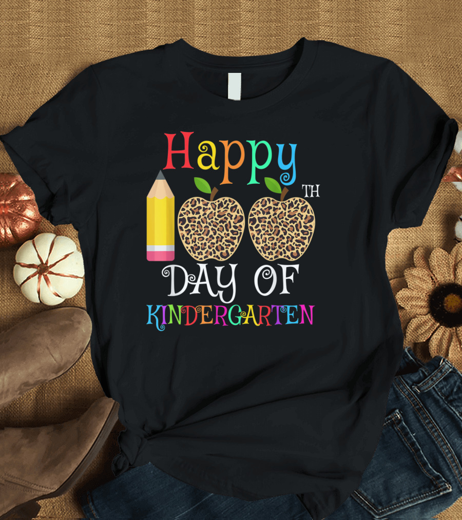 Happy 100th Day of Kindergarten Leopard Apples with Colorful Pencil T-Shirt