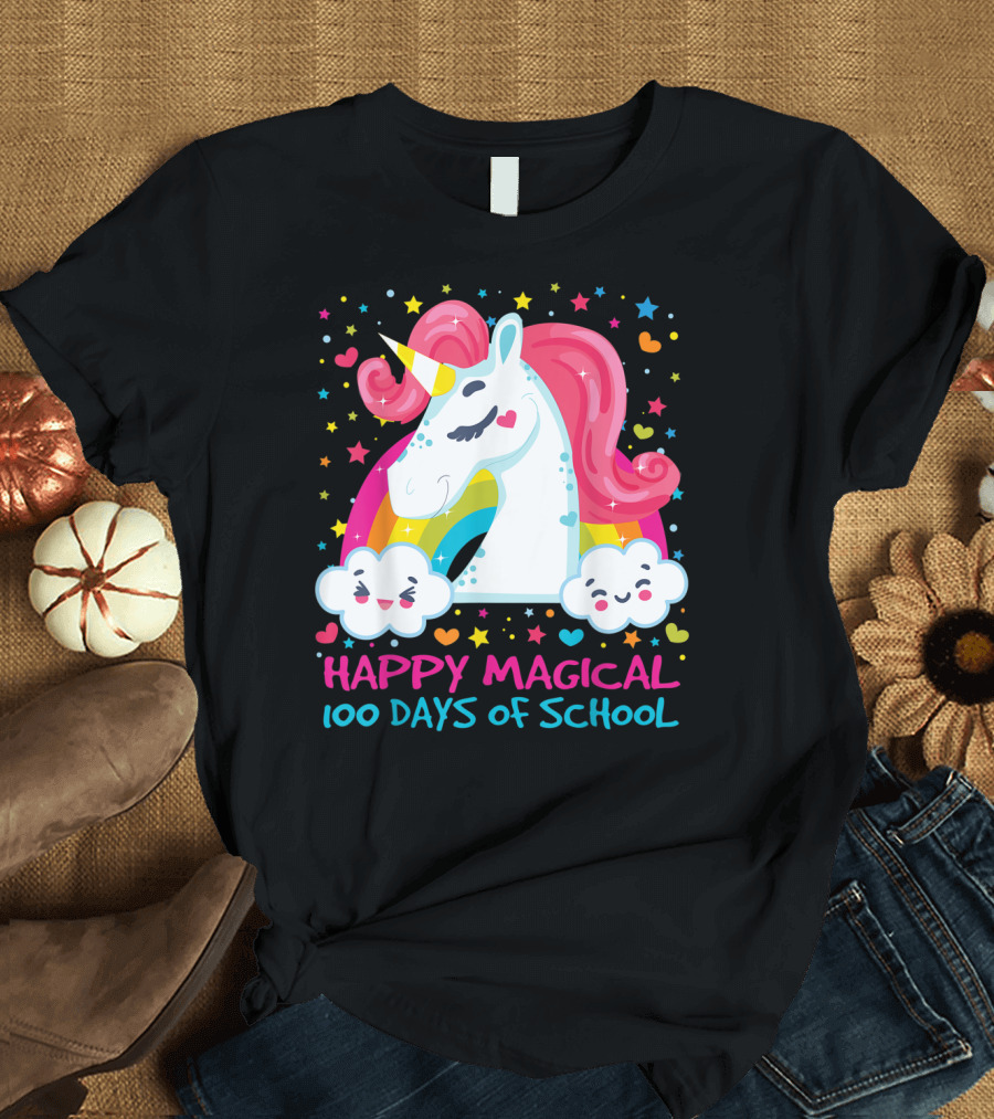 Bright and Colorful Unicorn Celebrating Happy Magical 100 Days of School T-Shirt