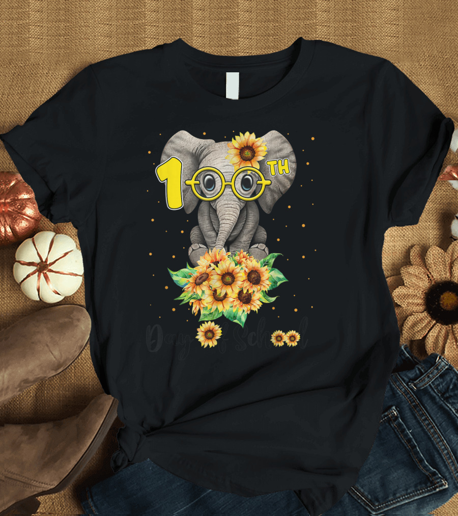 100th Day of School Sunflower Elephant with Glasses T-Shirt