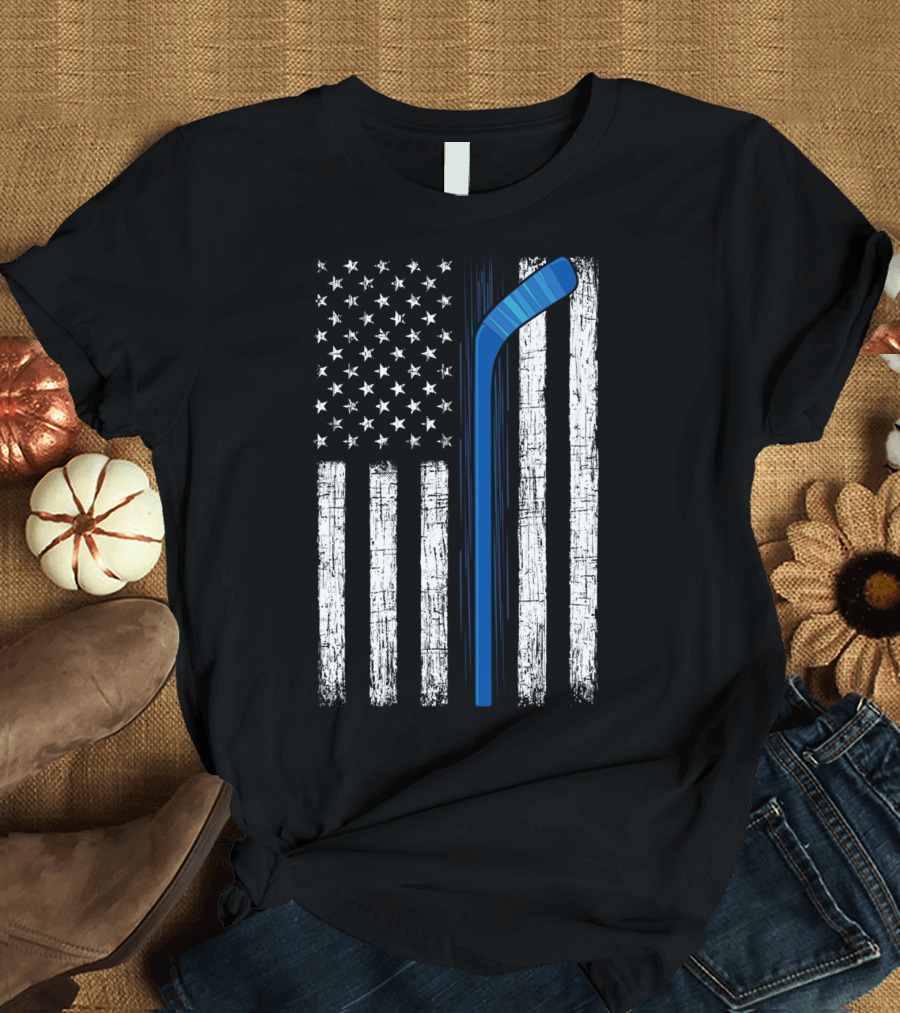 Thin Blue Line USA American Flag Police Hockey Stick T-Shirt