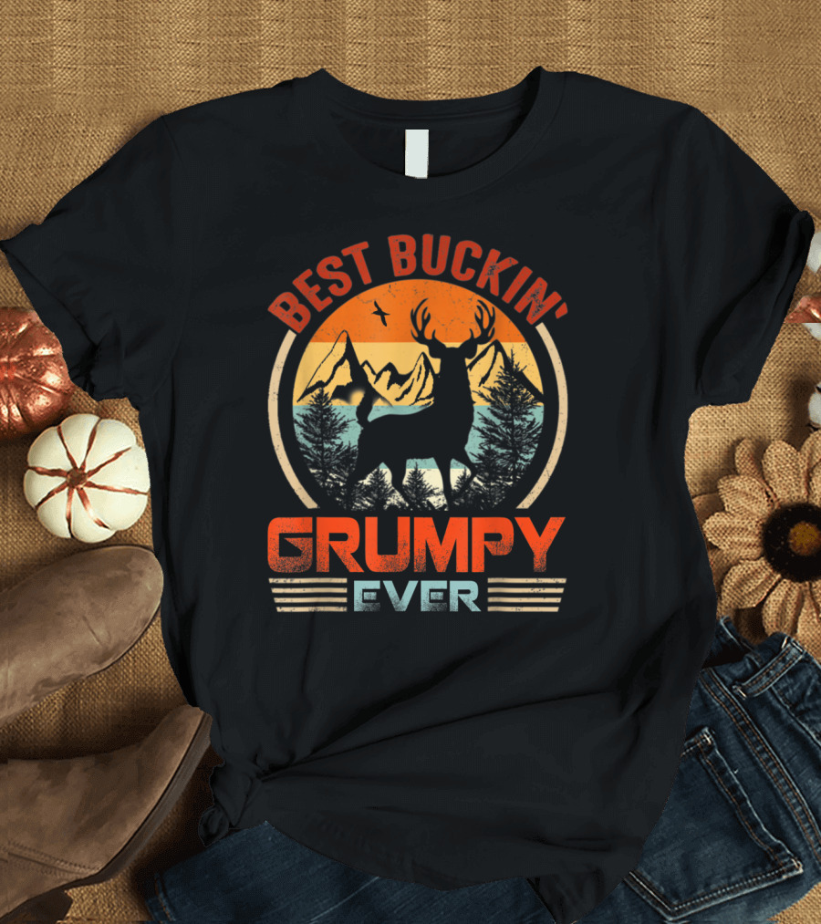 Best Buckin' Grumpy Ever Deer Hunting Bucking Mountains Retro Sunset T-Shirt