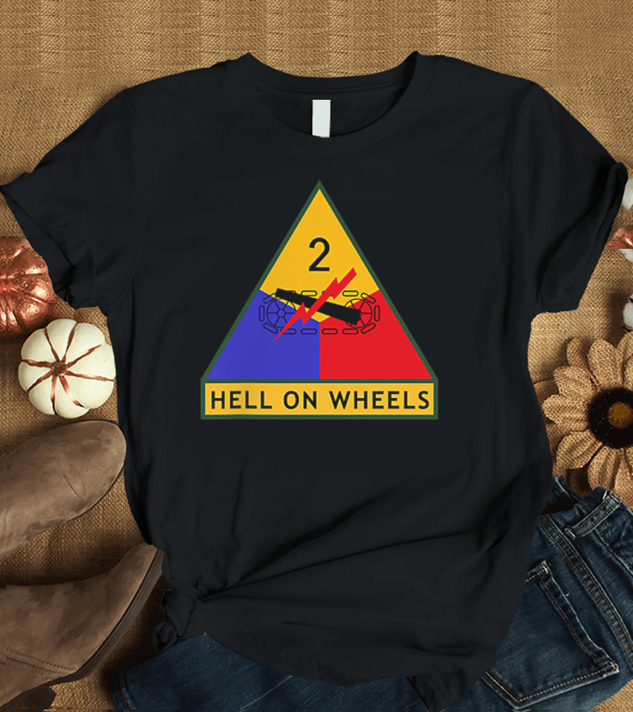 Us Army 2nd Armored Division Hell On Wheels Triangular Emblem with Tank Tracks and Lightning Bolt T-Shirt