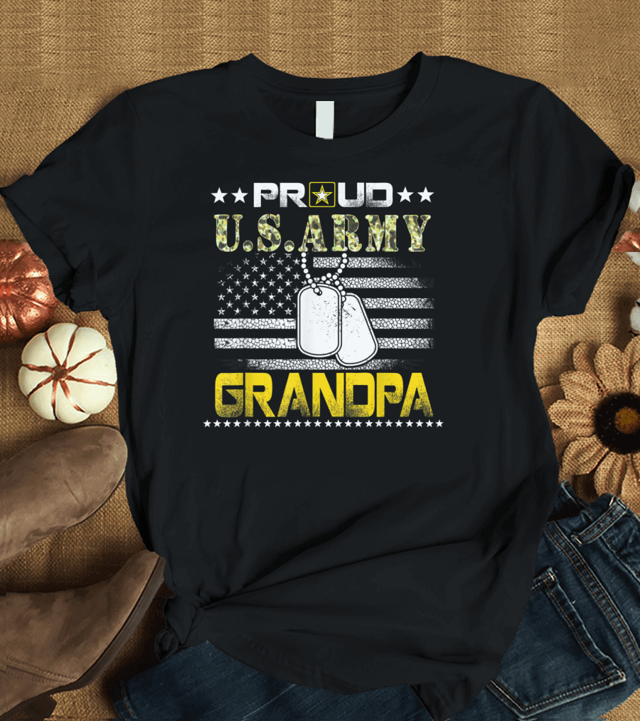 Proud U.S. Army Grandpa Veteran Flag Dog Tags T-Shirt