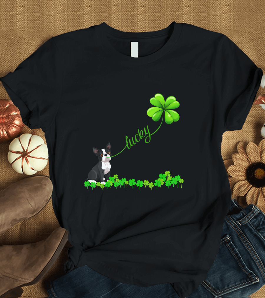 Irish Lucky Boston Terrier with Shamrock T-Shirt