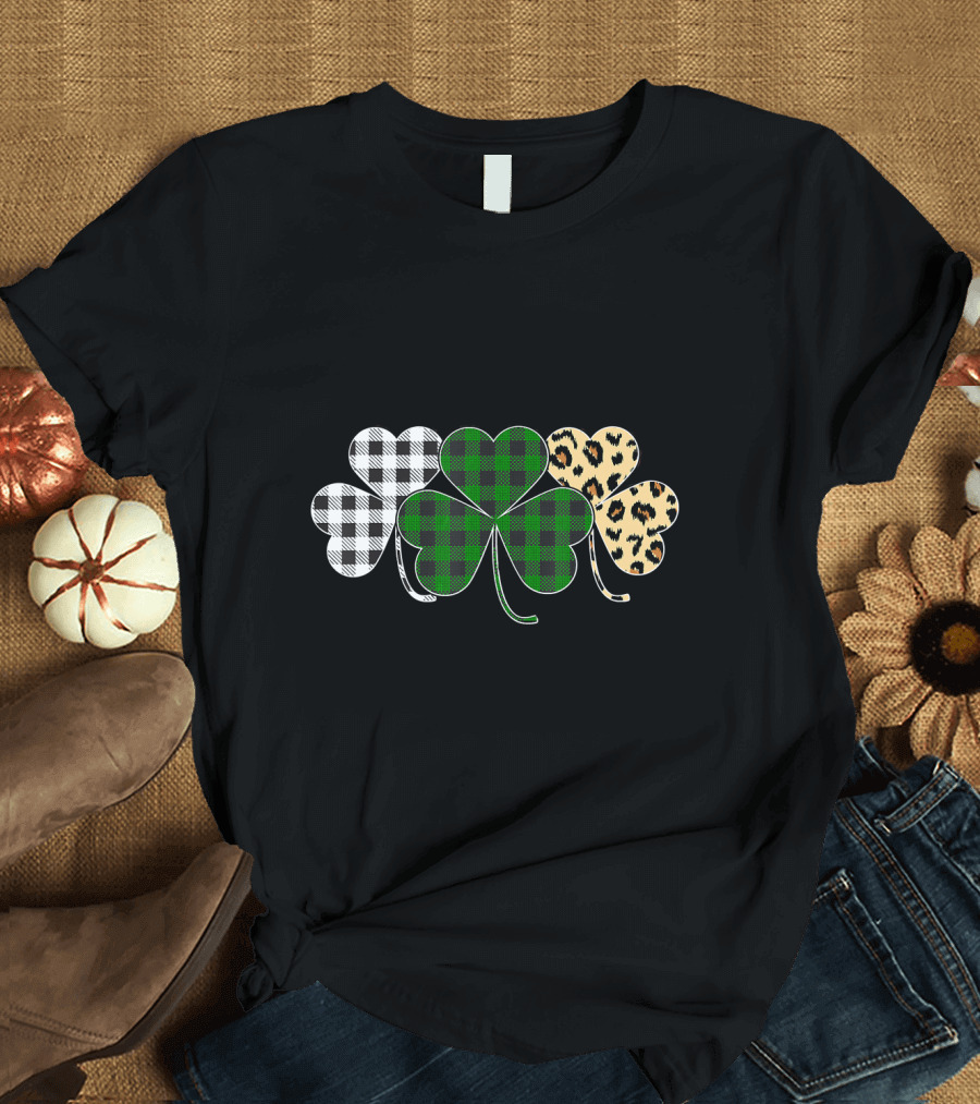 Irish Shamrocks Buffalo Plaid Leopard Print T-Shirt