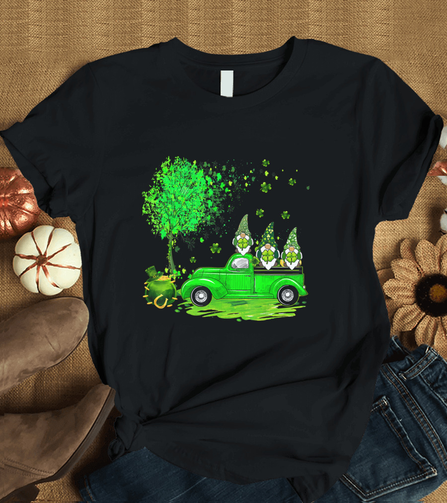 Irish Gnomes on Green Truck with Shamrocks and Pot of Gold T-Shirt