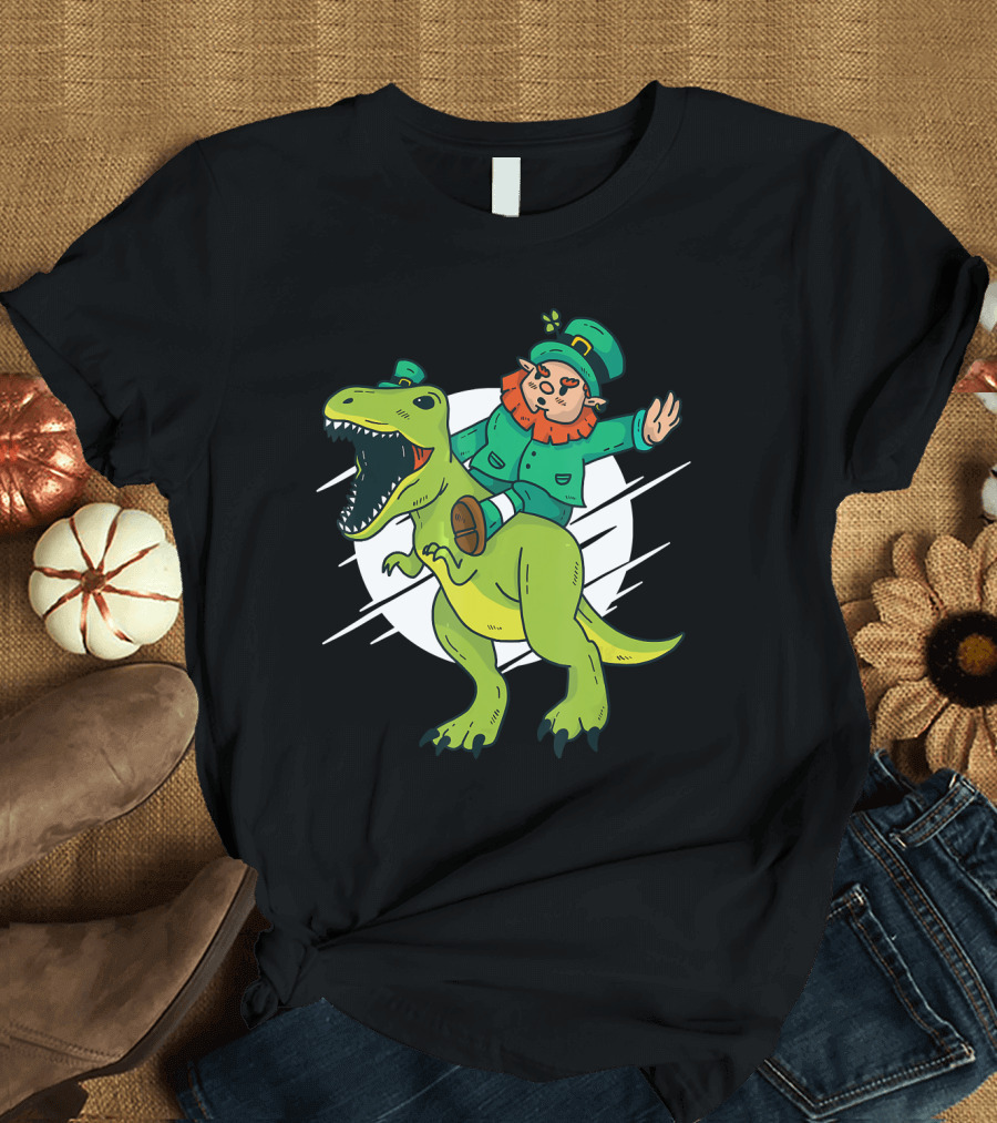 Leprechaun on T-Rex Dinosaur with Moon Background T-Shirt