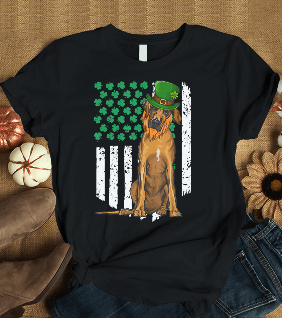 Rhodesian Ridgeback with Leprechaun Hat and Shamrock Flag for St Patricks Day Irish T-Shirt