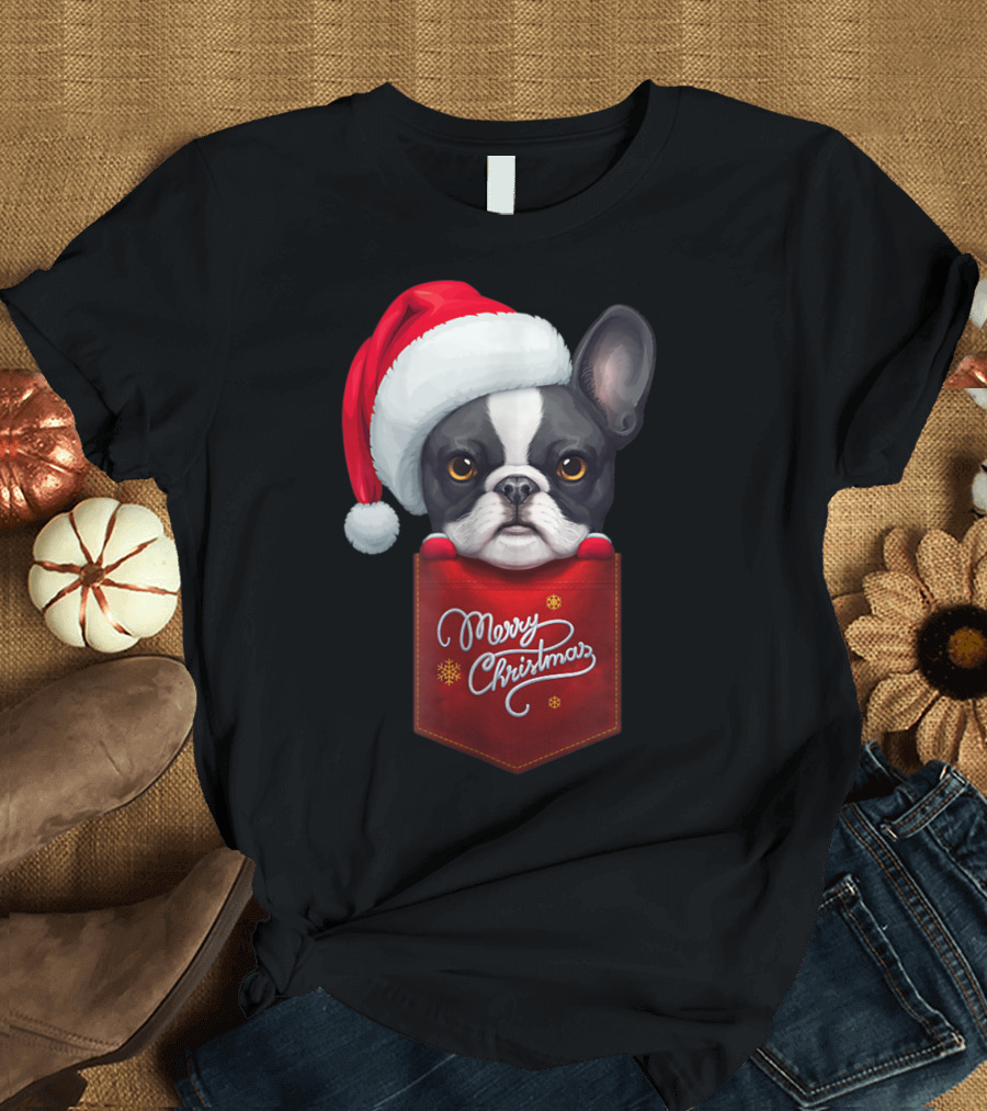 Merry Christmas Black White French Bulldog in Santa Hat Red Chest Pocket T-Shirt