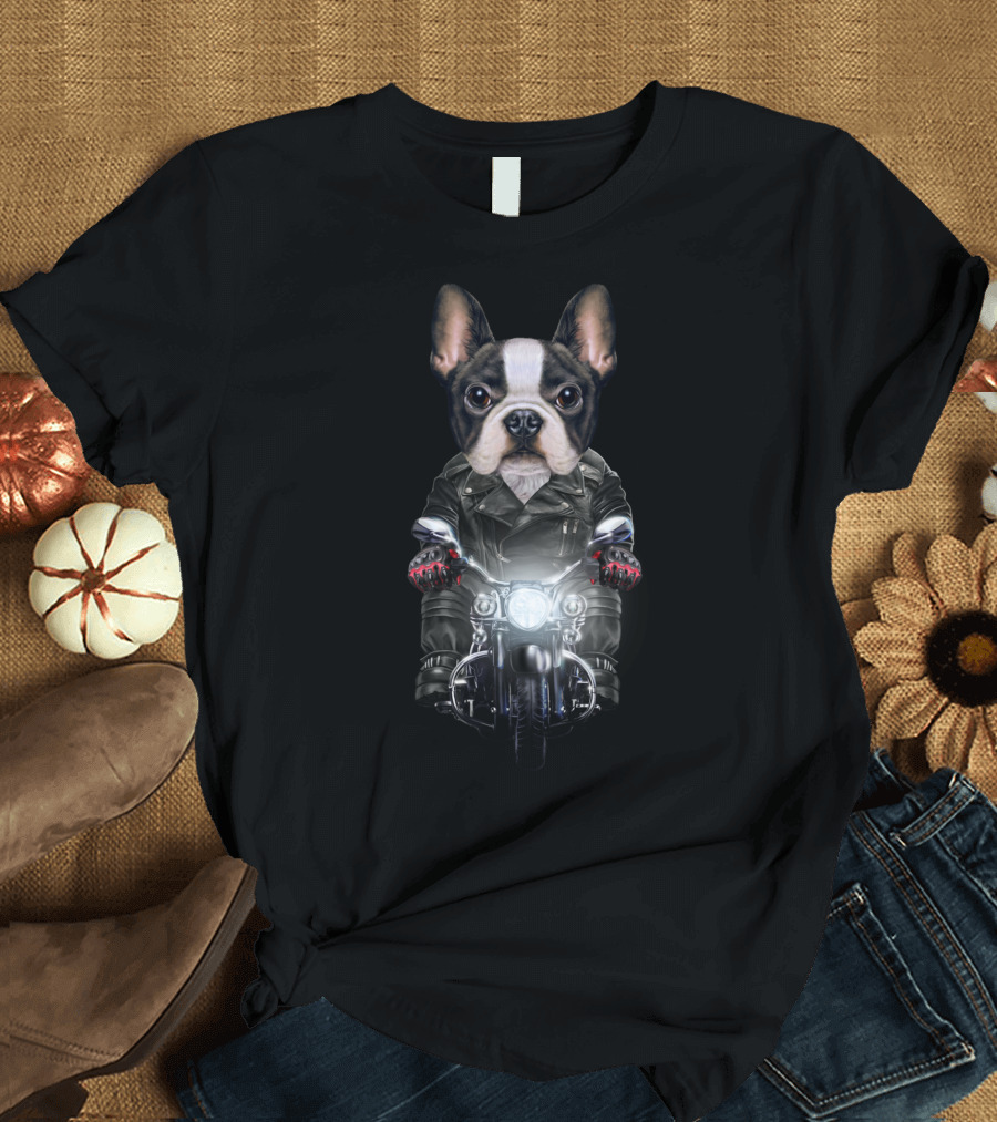 Cute French Bulldog Riding Motorcycle in Leather Jacket with Gloves T-Shirt