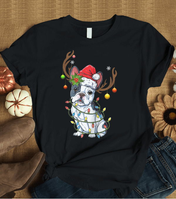 T-Shirt: Cute Frenchies Dog Reindeer Antlers Christmas Tree Lights Santa Hat T-Shirt Cute Frenchies Dog Reindeer Antlers Christmas Tree Lights Santa Hat T-Shirt