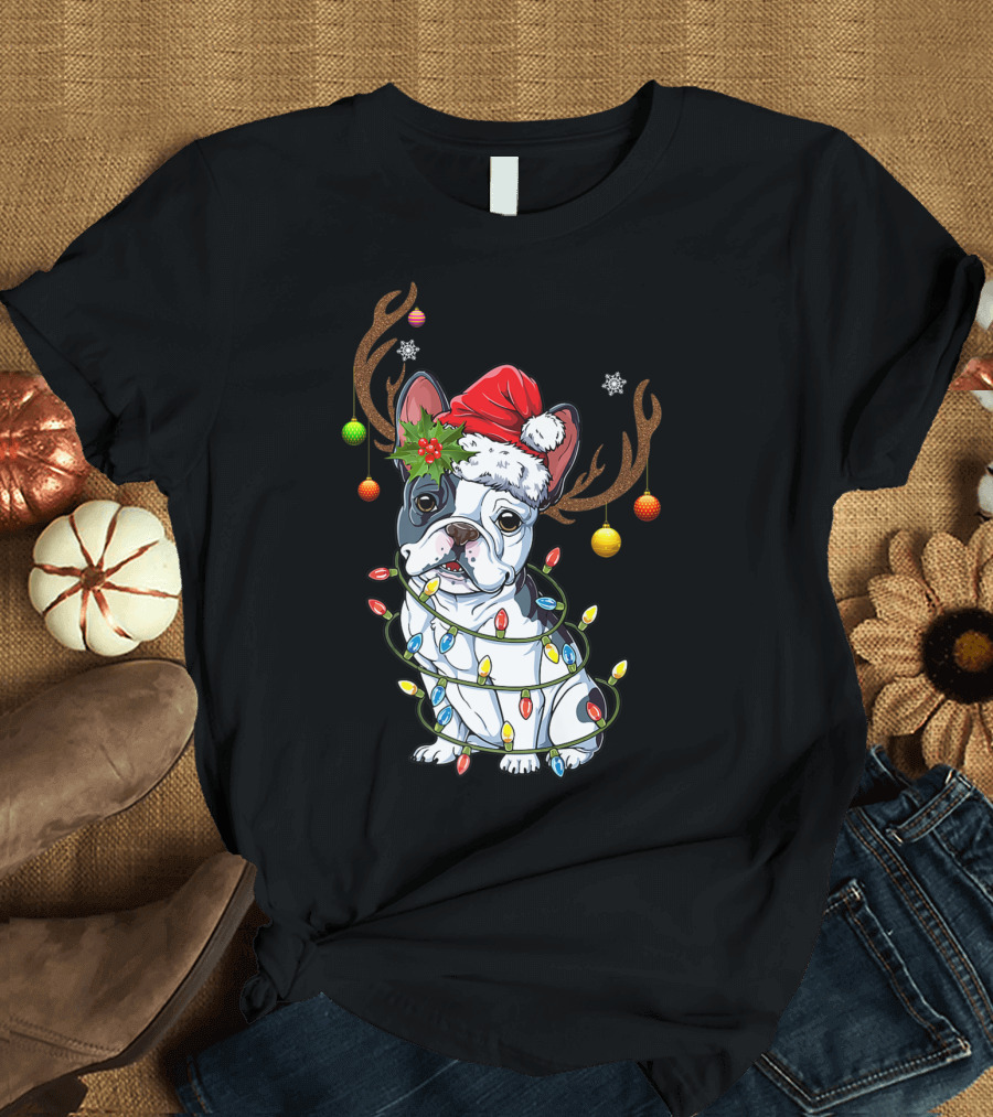 Cute Frenchies Dog Christmas Santa Hat Antlers Lights Holiday Ornaments T-Shirt