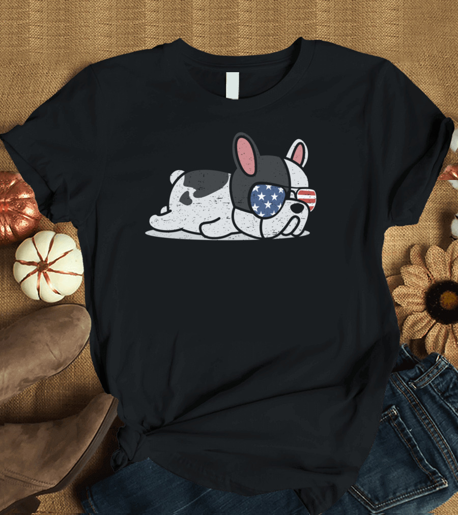 French Bulldog with American Flag Sunglasses Fourth of July T-Shirt