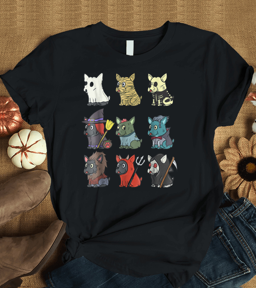 Halloween French Bulldog Costumes Ghost Mummy Skeleton Witch Frankenstein Vampire Werewolf Devil Grim Reaper T-Shirt