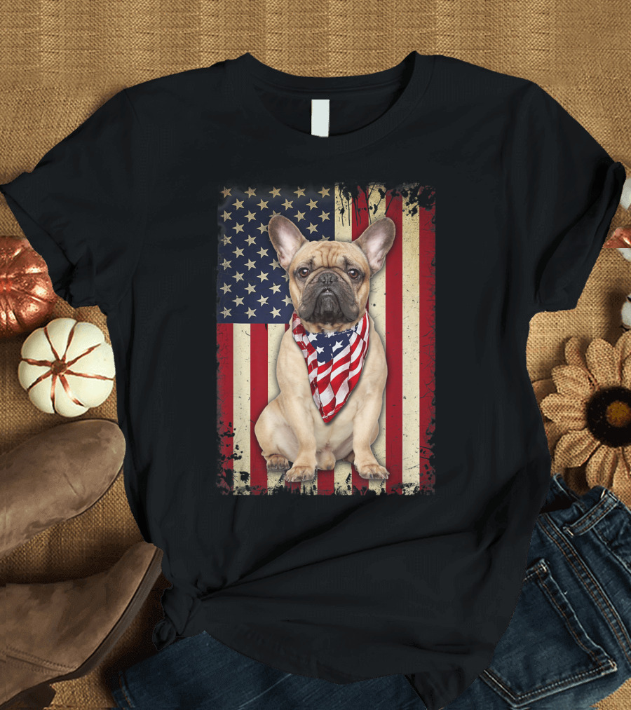 French Bulldog with American Flag Bandana for 4th of July T-Shirt