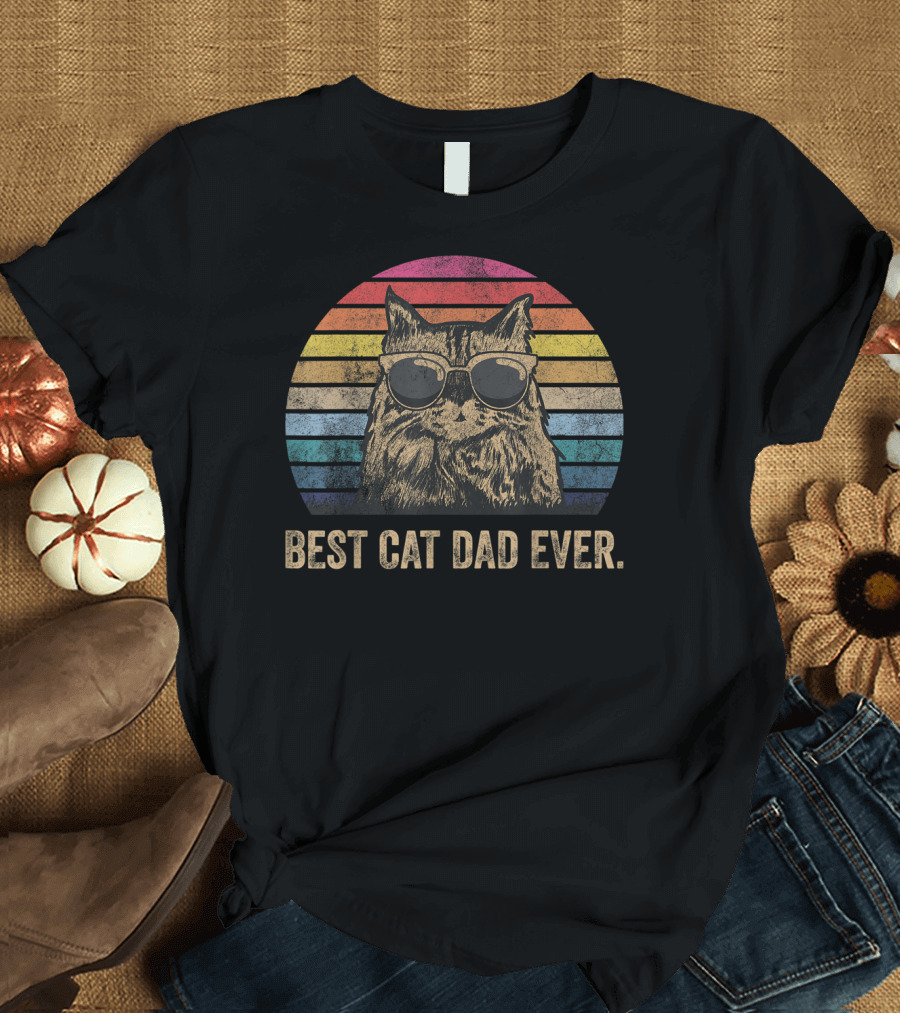 Best Cat Dad Ever Papa Birthday Retro Rainbow Sunglasses Cat T-Shirt