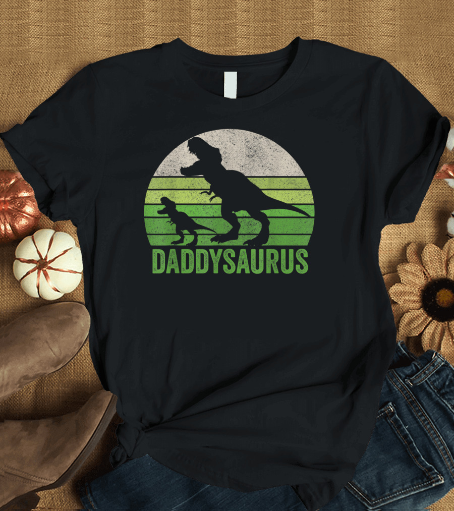 Funny Daddy Dinosaur Daddysaurus T-Rex Silhouette With Green Striped Circle T-Shirt