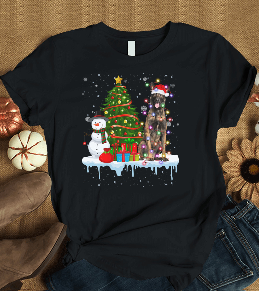 Belgian Malinois Santa Hat Christmas Lights Snowman Tree T-Shirt