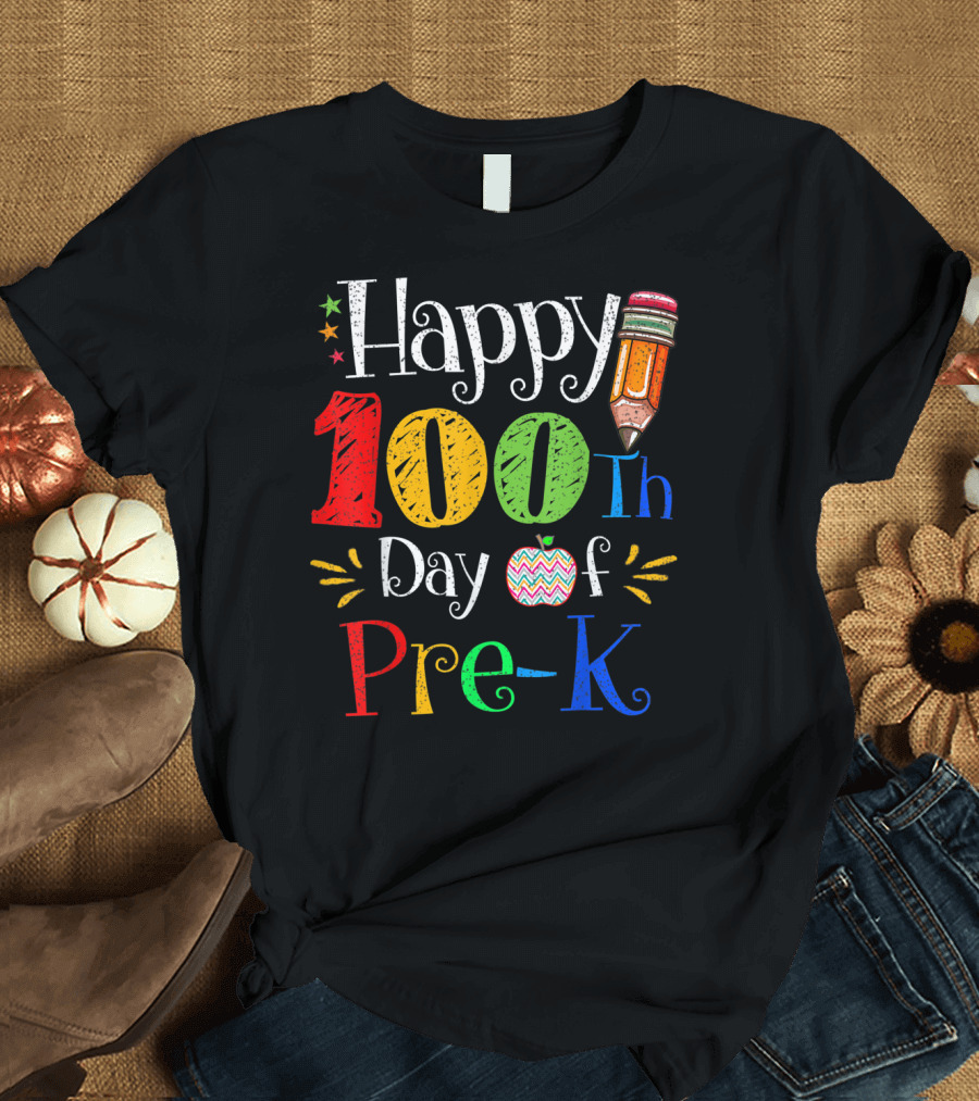 Happy 100th Day of Pre-K Celebration with Colorful Pencil and Apple T-Shirt