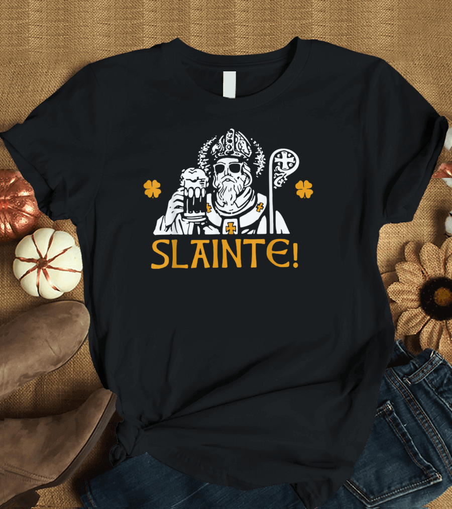 Slainte St. Patrick Drinking Beer with Shamrocks and Sunglasses T-Shirt