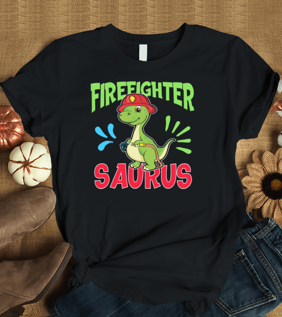 Firefighter Saurus Dinosaur Firefighter with Fireman Hat and Hose T-Shirt