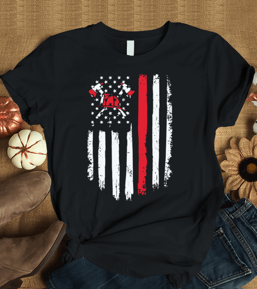 Firefighter Axe and Helmet American Flag with Red Line T-Shirt