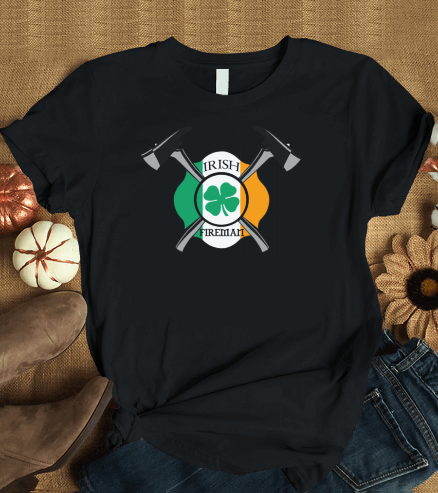 Irish Fireman Shamrock Crossed Axes Badge T-Shirt