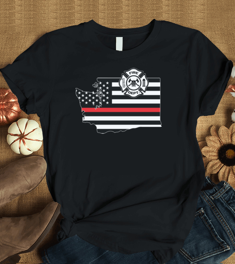 Washington State Fire Dept Shield Flag Thin Red Line T-Shirt