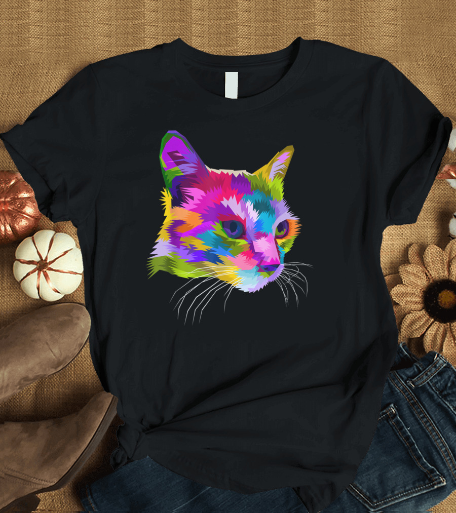 Cat Head Geometric Pop Art Style Vibrant Colors T-Shirt