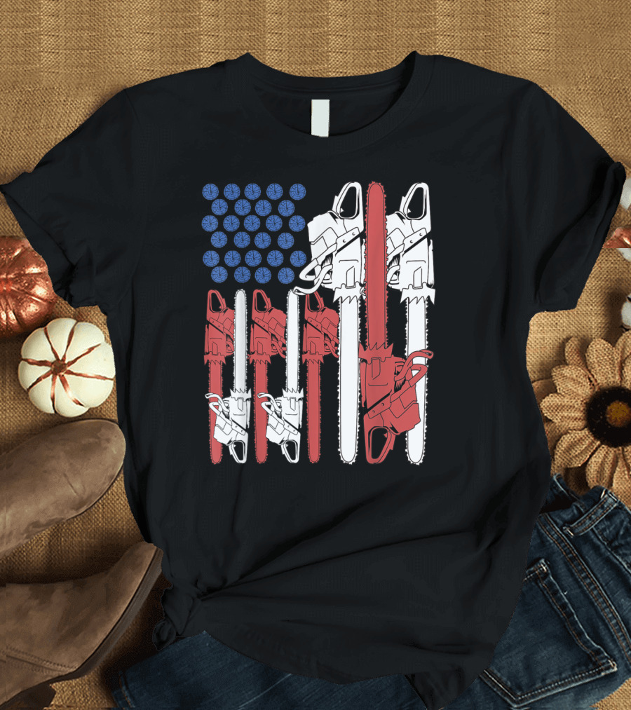 Woodworking Men Lumberjack Arborist USA Flag Chainsaws T-Shirt
