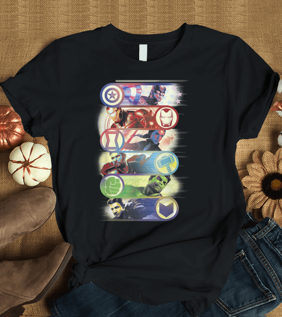 Avengers Endgame Captain Iron Man Black Widow Thor Hulk Hawkeye Hero Symbol Colorful Group T-Shirt