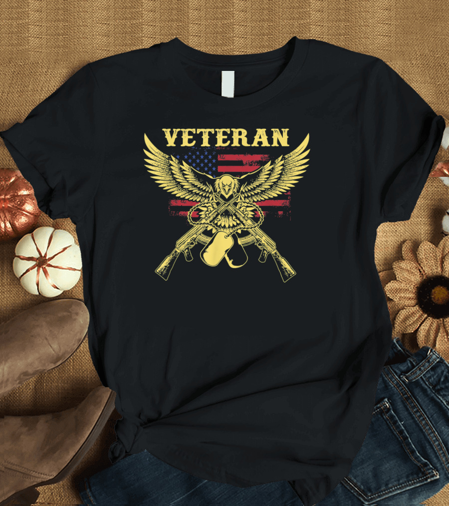Veteran United States America Flag Bald Eagle with Guns and Dog Tags T-Shirt
