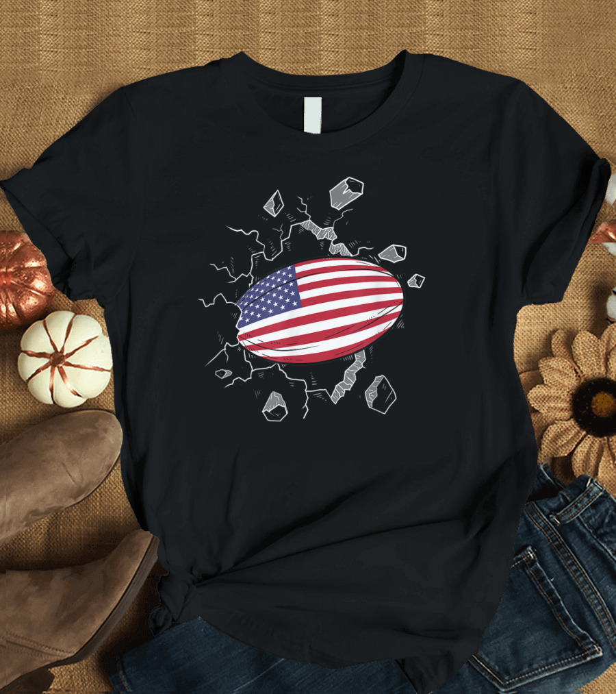 Proud US Rugby Gear American Flag Rugby Ball Crashing Out T-Shirt