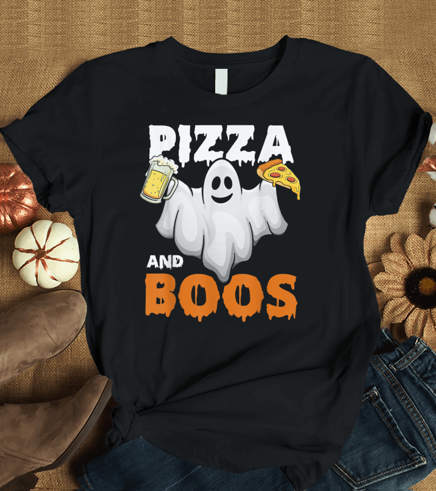 Halloween Pizza and Boos Funny Ghost Drinking Beer and Eating T-Shirt