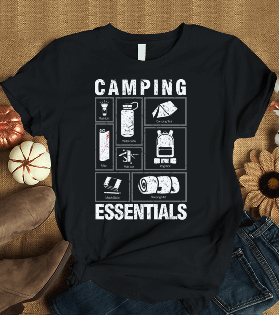 Camping Essentials Flashlight Water Bottle Carrying Tent Map Multi-tool Backpack Match Sticks Sleeping Mat T-Shirt