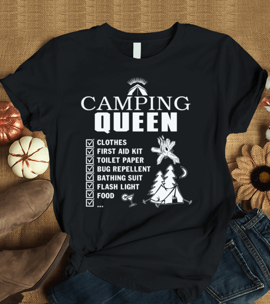 Camping Queen Checklist Clothes First Aid Kit Toilet Paper Bug Repellent Bathing Suit Flash Light Food T-Shirt