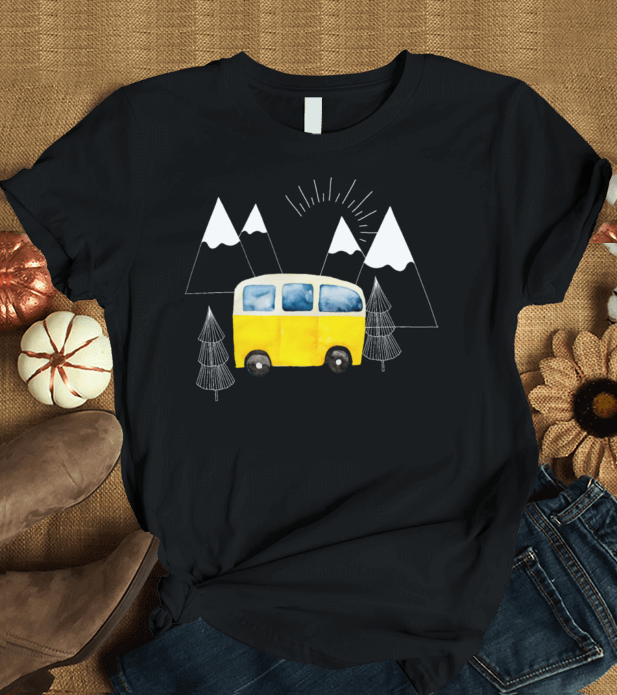 Yellow Camping Bus Adventure in the Mountain Landscape T-Shirt