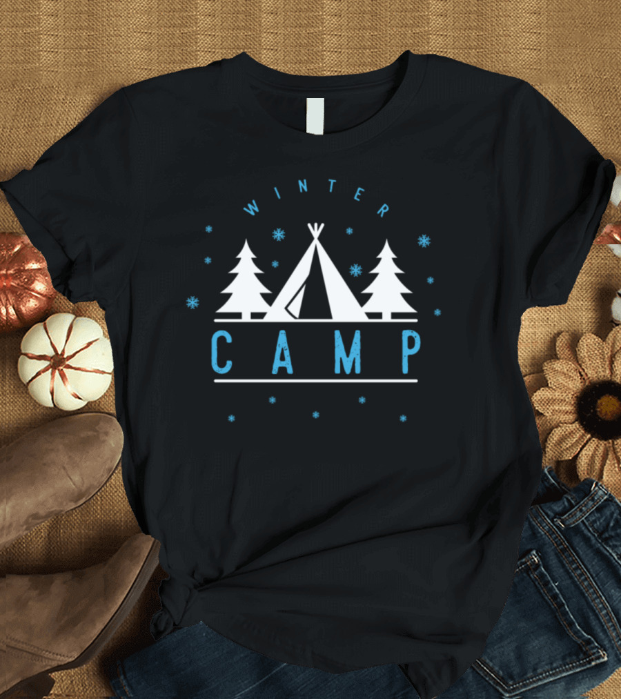 Winter Camp Tent Snowflakes Between Forest Trees T-Shirt